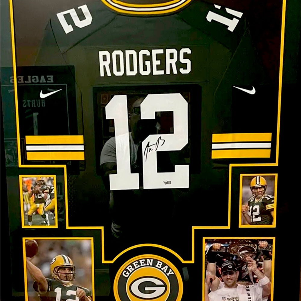 Aaron Rodgers Autographed  framed Green Bay Packer Jersey Fanatics small tear